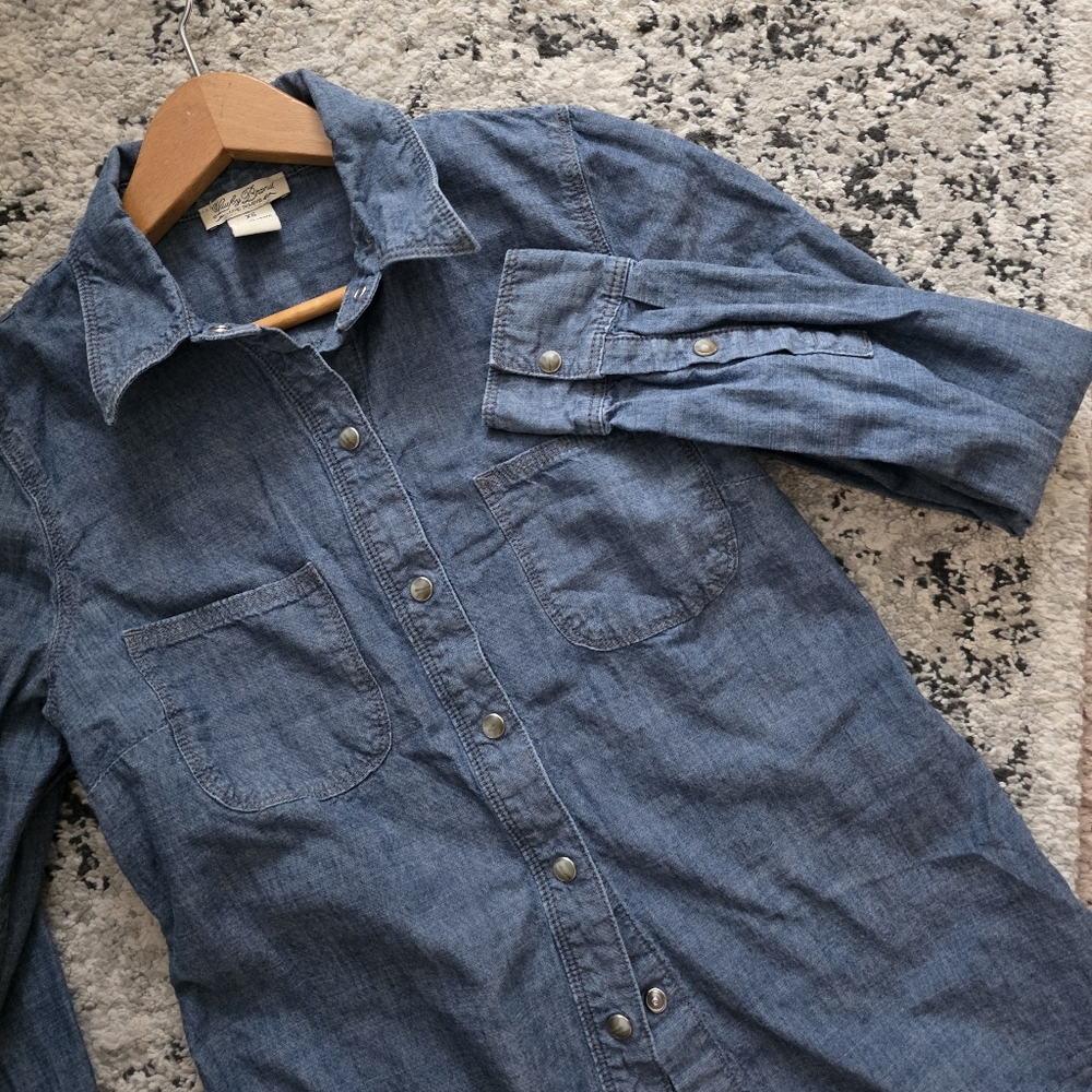 Lucky Brand Denim Chambry Marble Pearl Snap Collared Shirt Womens XS Blue